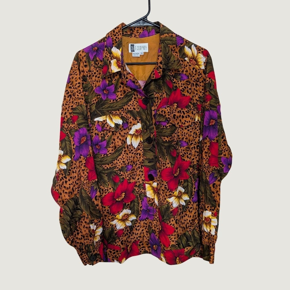 Vintage SK & Company Maximalist Leopard Floral Rayon Button Down Jacket Size 14